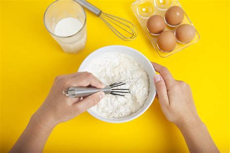 Cooking Dessert Hands Mixing Baking Ingredients Dessert Preparation Yellow Background Top View ...