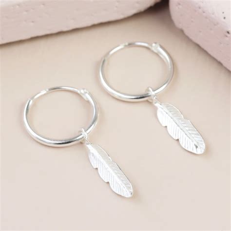 Sterling Silver Feather Charm Hoop Earrings