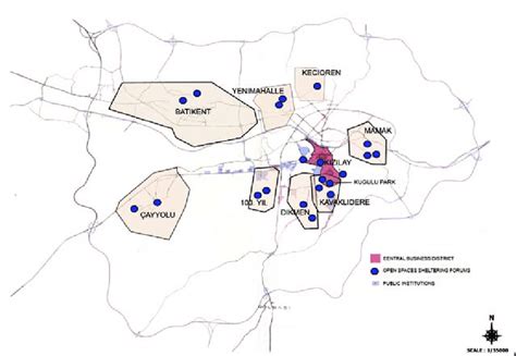 Map of districts showing the locations of forums and the city center in ...