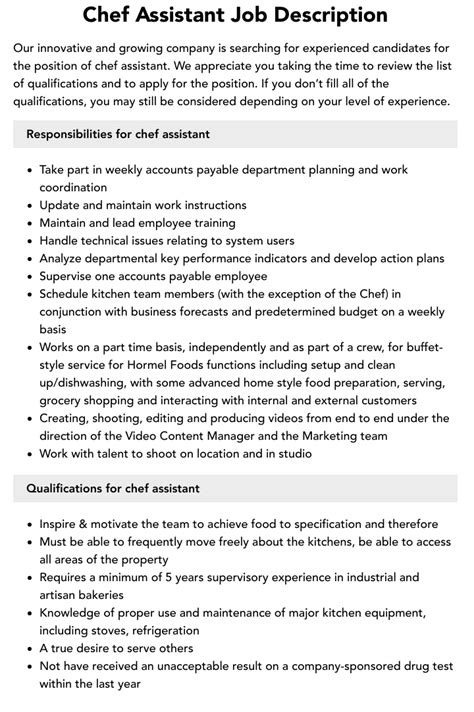 Chef Assistant Job Description | Velvet Jobs