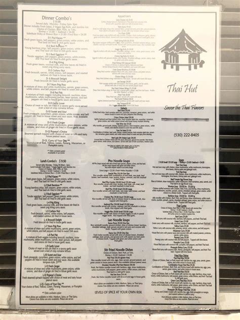 Menu at Thai Hut restaurant, Redding