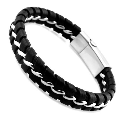 Unique Designer 316L Stainless Steel Bracelets & Bangles Mens Gift Black Leather Knitted ...