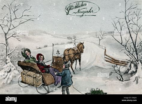 Happy New Year, children taking a sleigh ride in the snow, historical ...