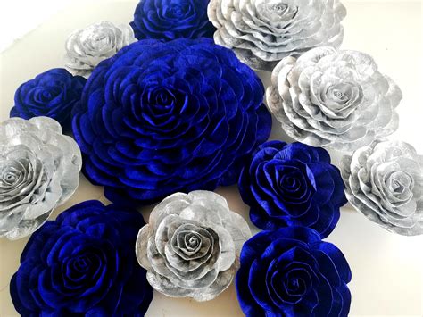 12 Large Paper Flowers Royal Navy Blue Silver Boy Baby Wall - Etsy