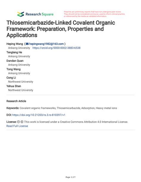 (PDF) Thiosemicarbazide-Linked Covalent Organic Framework: Preparation, Properties and Applications