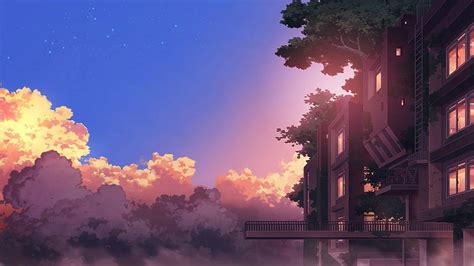 1366x768 Anime Landscape, Building, Sunset, Clouds, anime laptop HD ...