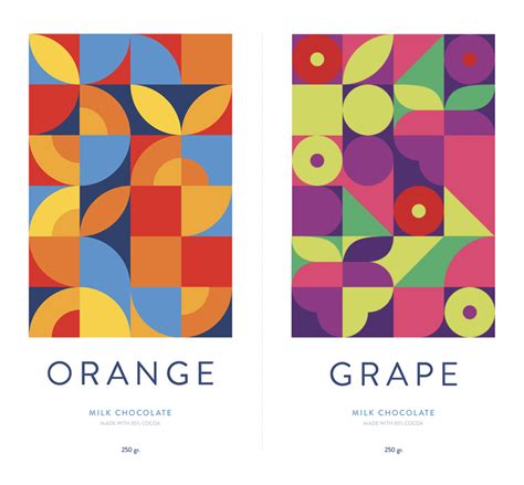 two posters with different colors and shapes for orange, blue, and pink chocolates