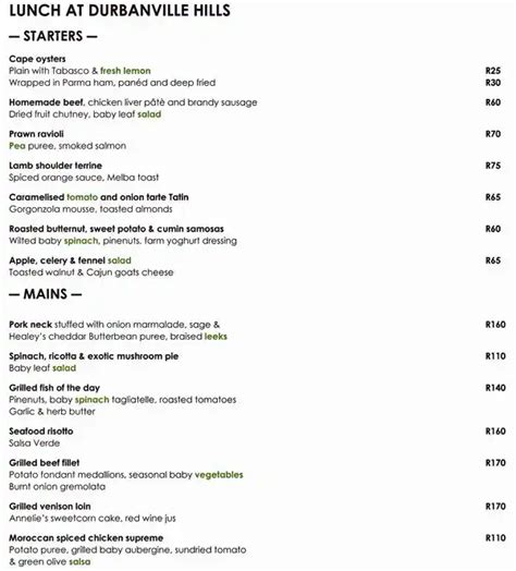 Durbanville Hills Restaurant Menu - Zomato SA