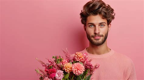 AI generated handsome man with flower bouquet on minimalist background with copy space 37227925 ...