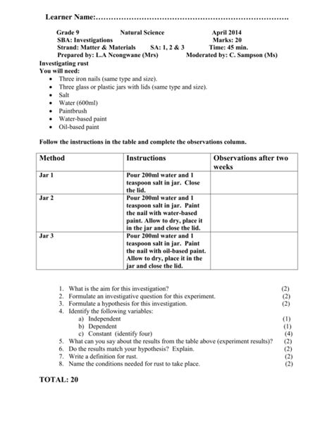 Grade 9 Natural Science Practical 2 (2014)