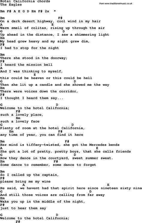 Song Lyrics with guitar chords for Hotel California | Guitar chords for songs, Guitar chords and ...