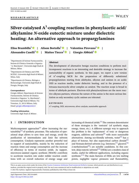 (PDF) Silver Catalysed A3‐Coupling Reactions in Phenylacetic Acid/Alkylamine N‐Oxide Eutectic ...