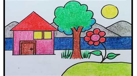 Easy drawing for kids house |Easy house and nature drawing and coloring