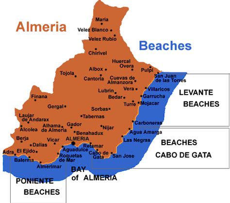 Map of the beaches and coastline of Almeria Beach Local, Spain And ...