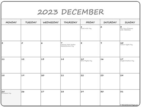 December 2023 Monday Calendar | Monday to Sunday