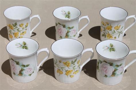 English tea mugs, vintage Royal Minster fine bone china flowered coffee cups set of 6