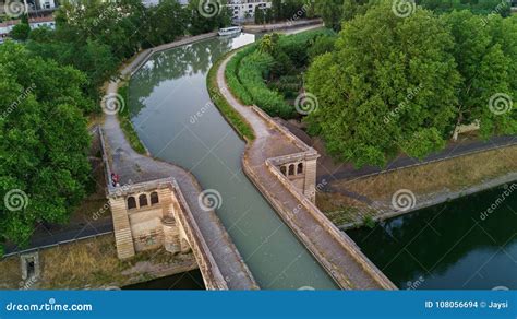 Aerial Top View of River, Canal Du Midi and Bridges from Above, Beziers Town in South France ...