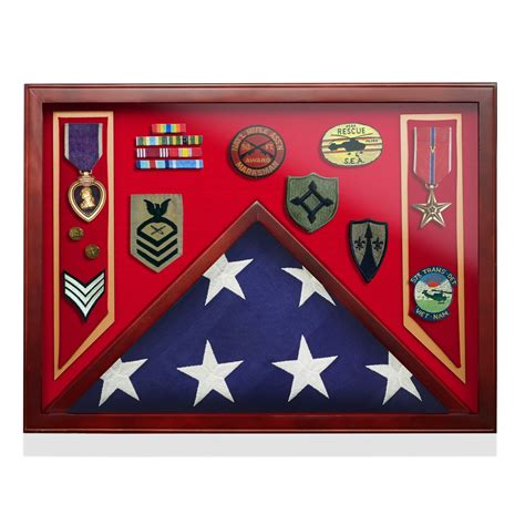 Reminded Military Shadow Box Display Case for Medals & Burial Flag - Solid Wood Cabinet with ...