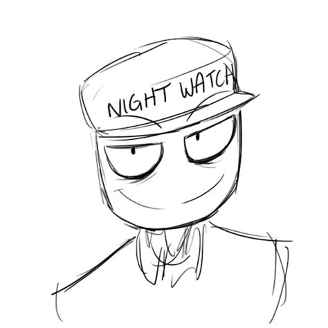 a drawing of a man wearing a hat with the words night watch written on it