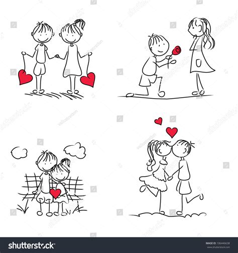 Cute Cartoon Couple Doodle With Red Heart Shape Stock Vector 106446638 ...