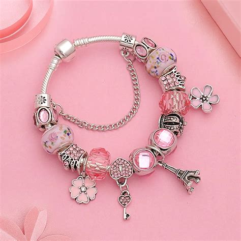 Hot Pink Flower Heart Crown Charm Pandora Bracelet Diy Crystal Bead ...