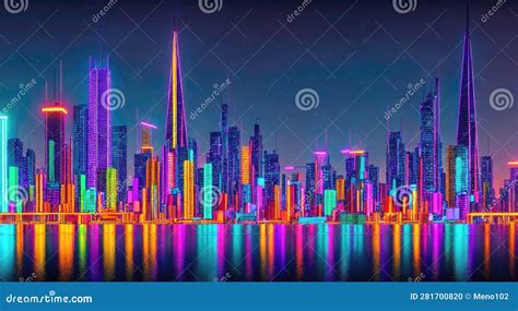 Futuristic City Skyline at Night Stock Illustration - Illustration of ...