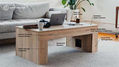 The Coolest Wooden Coffee Table with Dual Bluetooth Speakers, Fridge Compartment and More ...