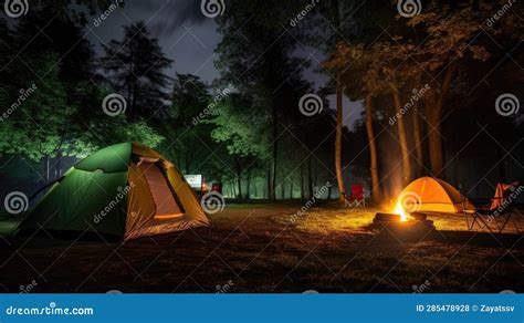 Camping in the Night with Fire Stock Photo - Image of equipment, forest ...