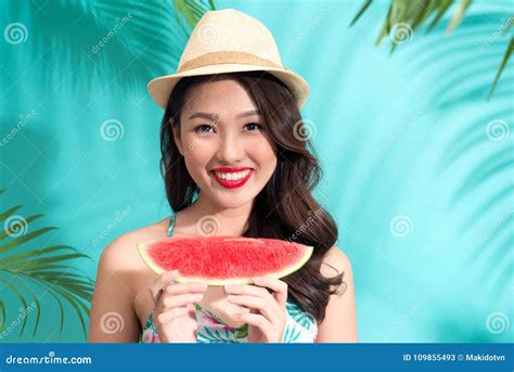 Beautiful Girl with Red Lips Eating Watermelon. Stock Image - Image of ...