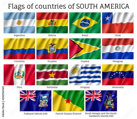 National countries flags of South America continent. Ecuador, Argentina ...