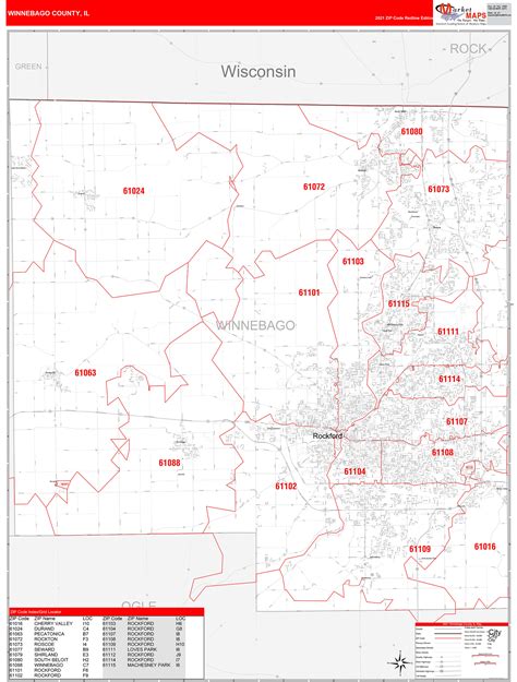 Winnebago County, IL Zip Code Wall Map Red Line Style by MarketMAPS - MapSales