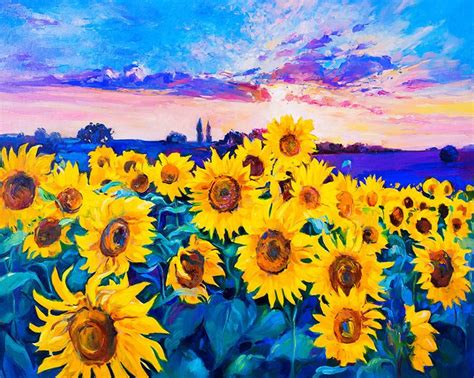 Oil Painting Landscape Painting Canvas Art Framed Art Sunflower Field Painting Wall Art Large ...