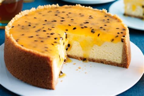 Baked cheesecake with passionfruit topping