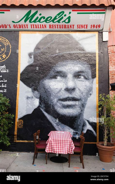 Outdoor Table and Frank Sinatra mural, Miceli's Italian restaurant, Los Angeles, California, USA ...