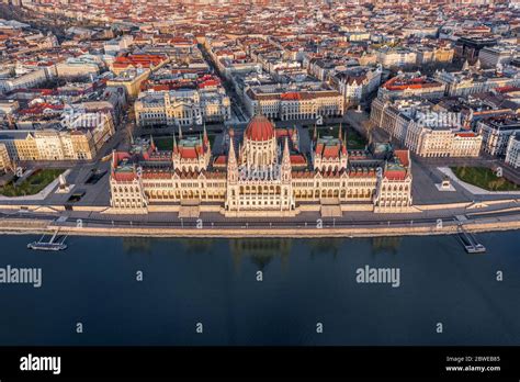 Budapest, Hungary - Aerial view of the Hungarian Parliament Building in warm colors at sunset ...