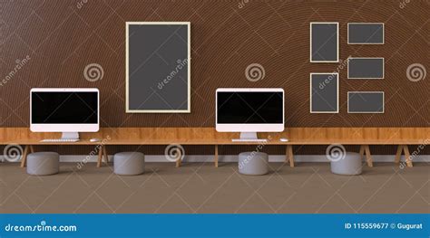 Minimal Office and Photo Frames on Desk Wood Wall Simpel Stock ...