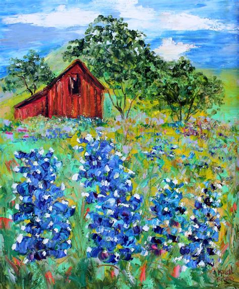 Original oil painting Texas Bluebonnets and Barn by Karensfineart