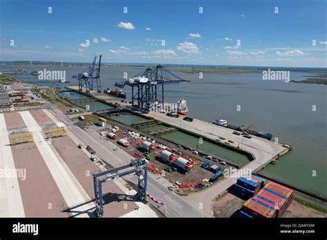 London Thamesport,Container port river Medway Kent UK drone aerial view ...