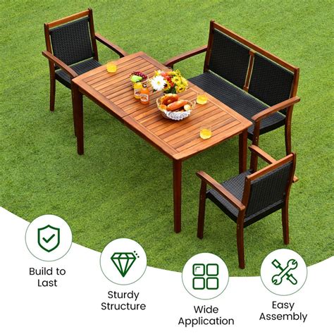 4 Pcs Rattan & Acacia Wood Outdoor Patio Dining Table Set with Loveseat & 2 Armchairs, Umbrella Hole