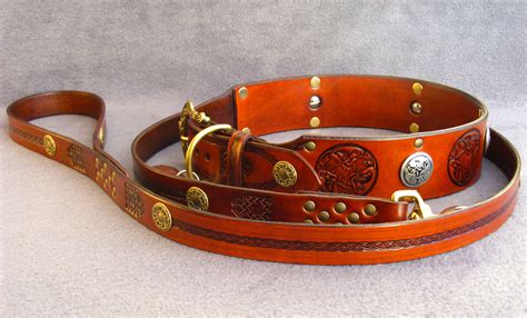 Celtic Dog Collar with Celtic Hounds and matching Lead in Cherry Chocolate Irish Wolfhound ...