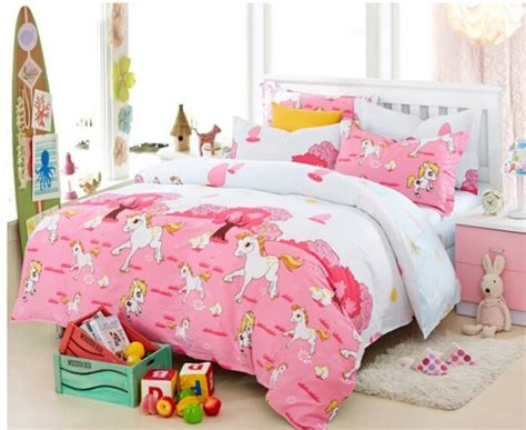 Girls horse comforter sets Kids Pink duvet cover Blue queen size bed sheet sets 100 cotton Oil ...
