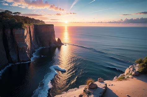 Premium AI Image | A sunset over the ocean with a cliff face and a ...