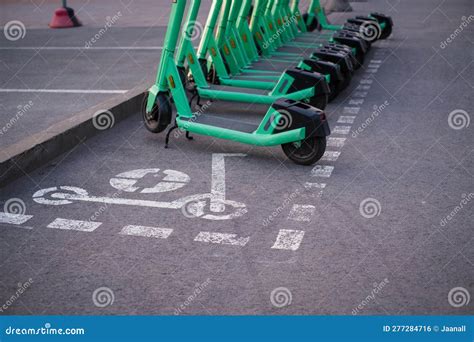 Dedicated Electric Scooter Parking Spot on City Sidewalk Stock Photo ...