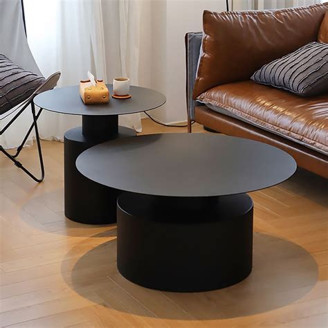 White/Black Round Coffee Table Metal Accent Table Set of 2 | Metal ...