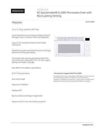 GE Spacemaker® XL1800 Microwave Oven with Recirculating | Manualzz