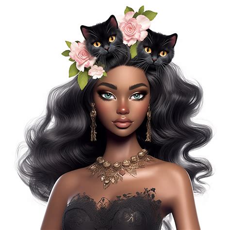 Barbie dressed as a black cat, Halloween, dark skin, beautiful face, flowers, high quality ...