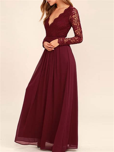 Lace Bodice Burgundy Chiffon Bridesmaid Dresses,Simple Prom Dress with Long Sleeves,PD1984 ...