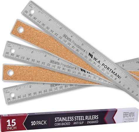 Breman Precision Metal Ruler 15 Inch - Stainless Steel Metal Ruler with Cork Backing - Premium ...