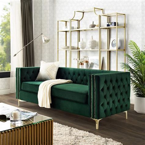 Inspired Home Olivia 34.5 in. Hunter Green Velvet 3-Seater Tuxedo Sofa ...