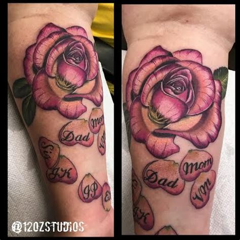 Adorable rose tattoo with family members names in petals by Meghan Patrick. | Rose tattoo with ...